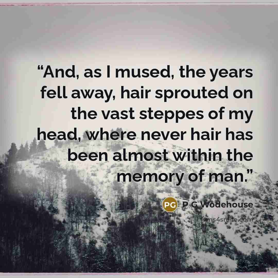 “And, as I mused, the years fell away, hair sprouted on the vast steppes of my head, where never hair has been almost within the memory of man.” quote by P G Wodehouse