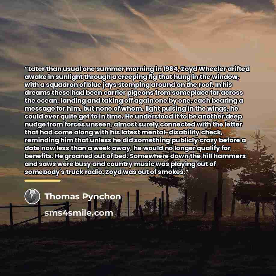 “Later than usual one summer morning in 1984, Zoyd Wheeler drifted awake in sunlight through a creeping fig that hung in the window, with a squadron of blue jays stomping around on the roof. In his dreams these had been carrier pigeons from someplace far across the ocean, landing and taking off…” quote by Thomas Pynchon