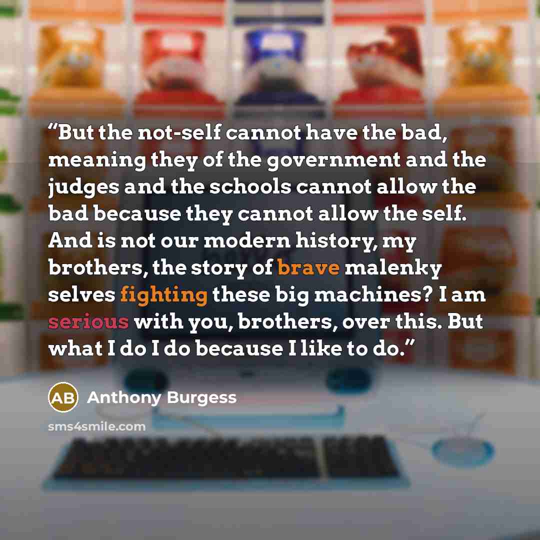 “But the not-self cannot have the bad, meaning they of the government and the judges and the schools cannot allow the bad because they cannot allow the self. And is not our modern history, my brothers, the story of brave malenky selves fighting these big machines? I am serious with you, brothers…” quote by Anthony Burgess
