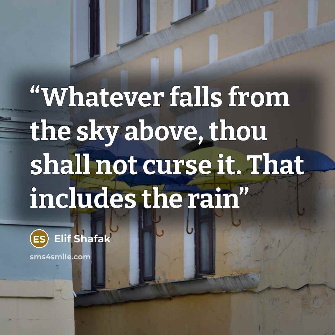 “Whatever falls from the sky above, thou shall not curse it. That includes the rain” quote by Elif Shafak
