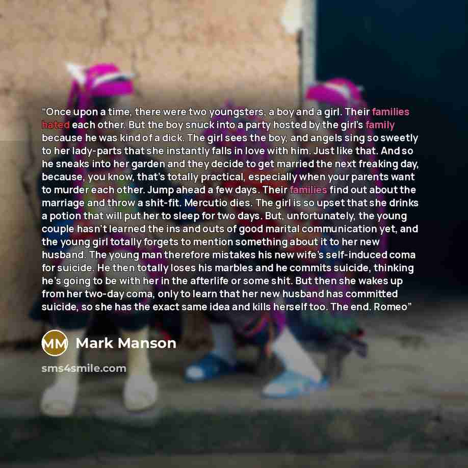 “Once upon a time, there were two youngsters, a boy and a girl. Their families hated each other. But the boy snuck into a party hosted by the girl’s family because he was kind of a dick. The girl sees the boy, and angels sing so sweetly to her lady-parts that she instantly falls in love with him…” quote by Mark Manson
