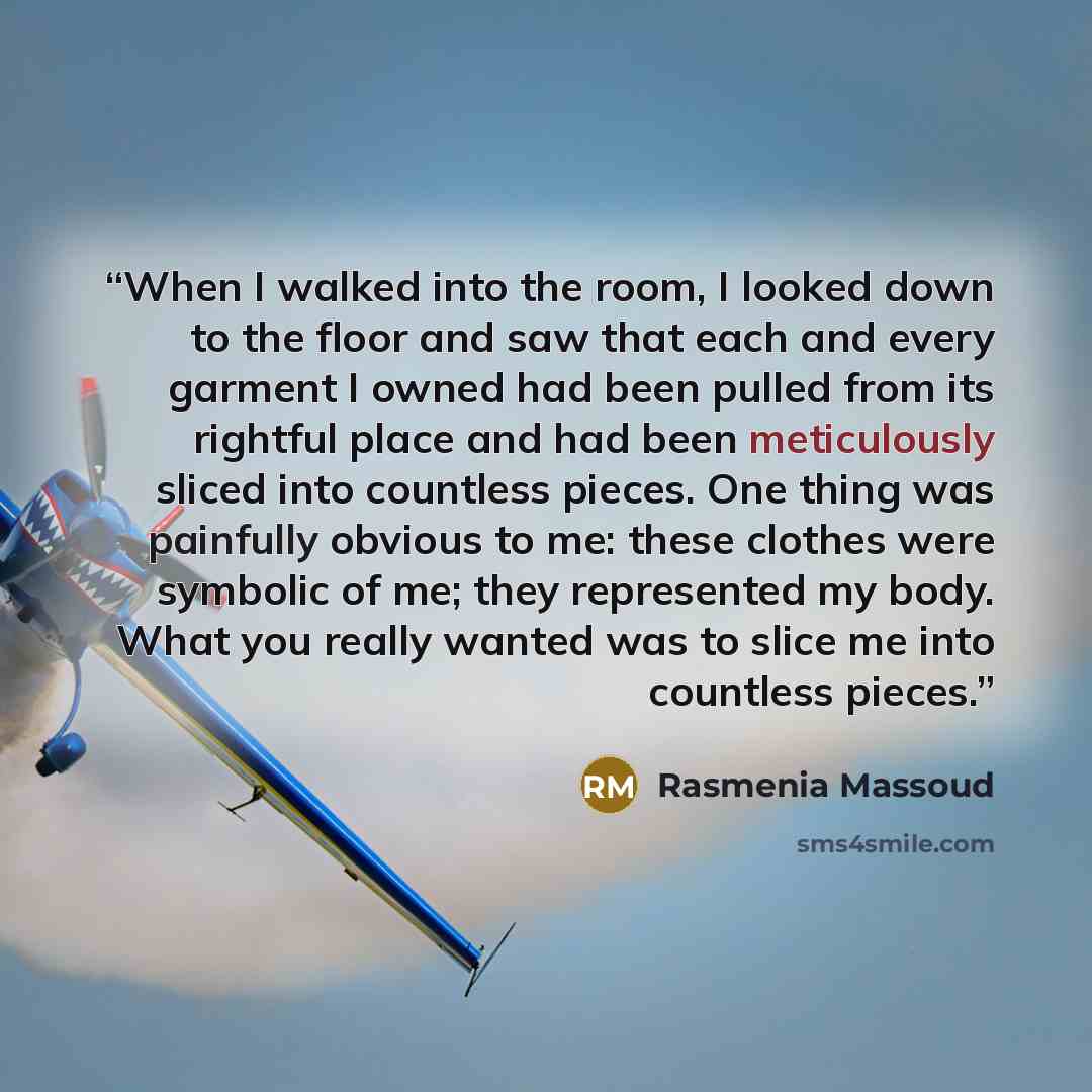 “When I walked into the room, I looked down to the floor and saw that each and every garment I owned had been pulled from its rightful place and had been meticulously sliced into countless pieces. One thing was painfully obvious to me: these clothes were symbolic of me; they represented my body…” quote by Rasmenia Massoud