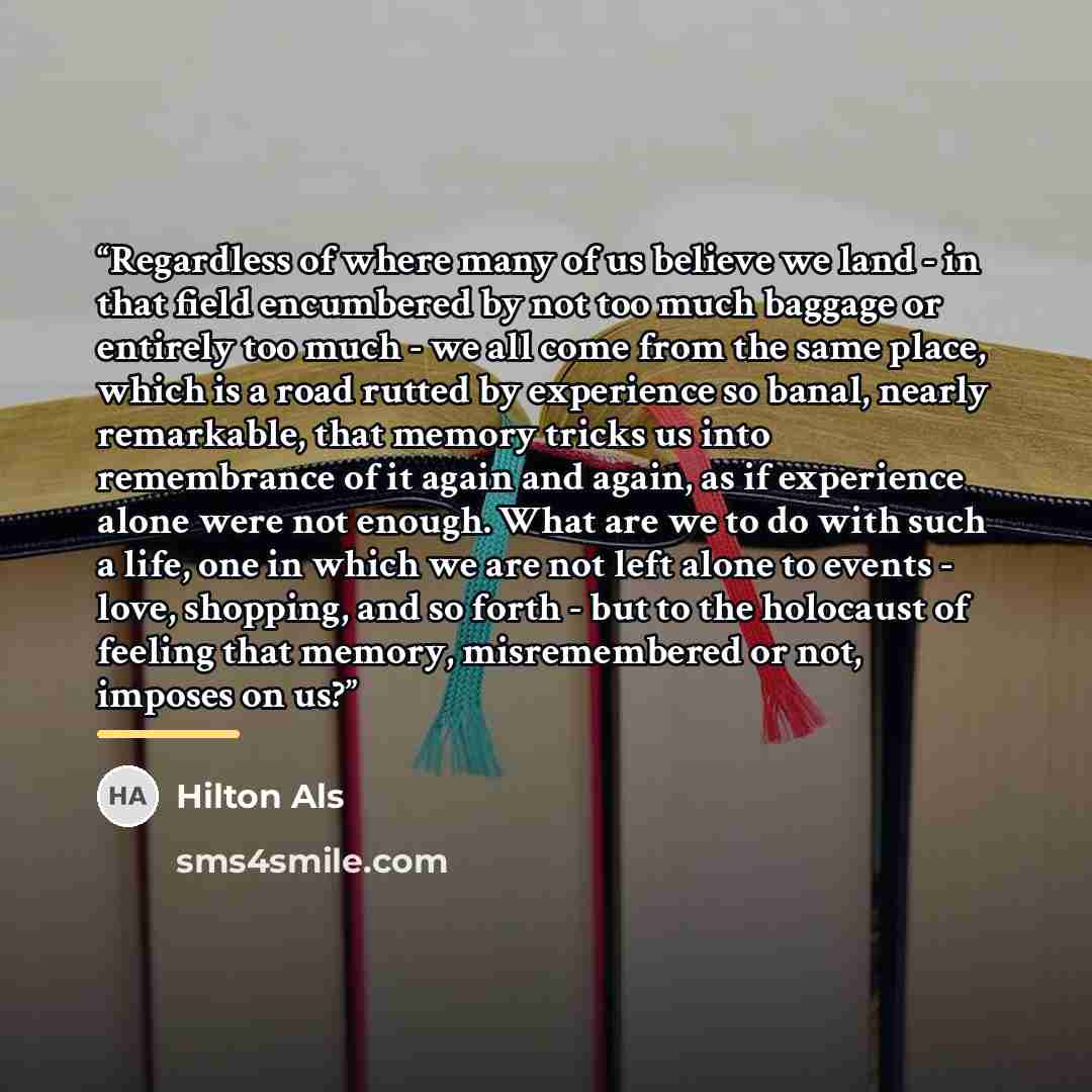 “Regardless of where many of us believe we land - in that field encumbered by not too much baggage or entirely too much - we all come from the same place, which is a road rutted by experience so banal, nearly remarkable, that memory tricks us into remembrance of it again and again, as if experience…” quote by Hilton Als