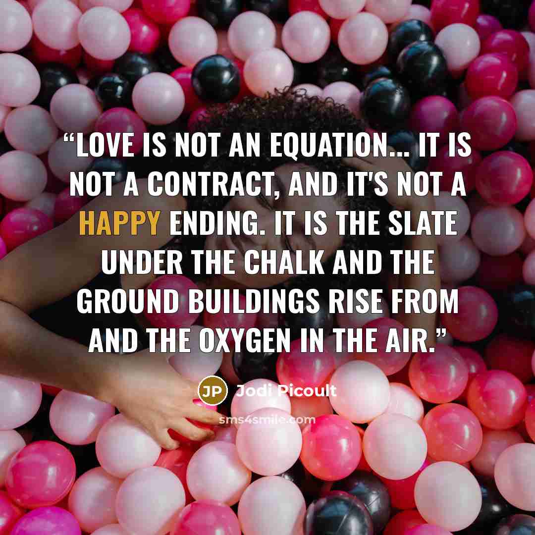 “Love is not an equation... It is not a contract, and it's not a happy ending. It is the slate under the chalk and the ground buildings rise from and the oxygen in the air.” quote by Jodi Picoult