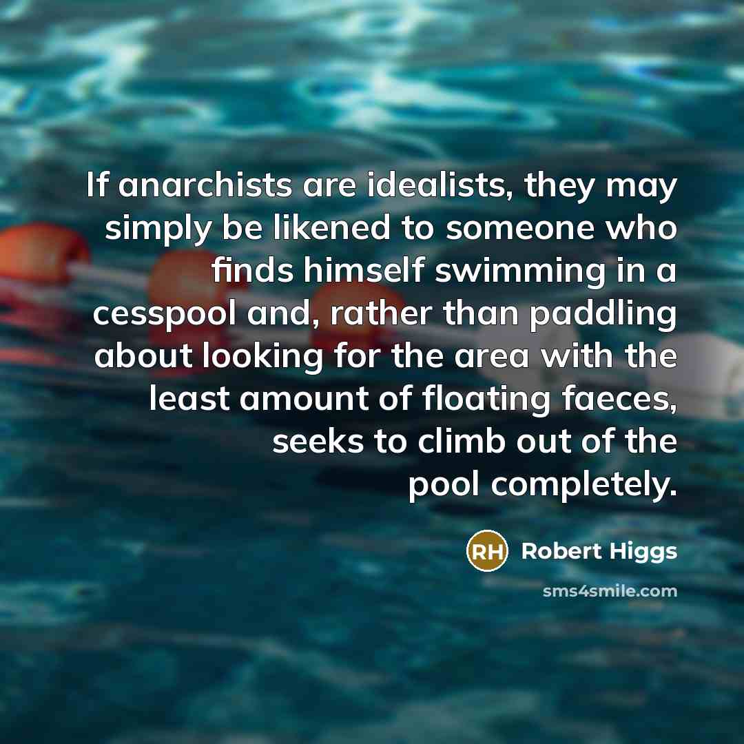 “If anarchists are idealists, they may simply be likened to someone who finds himself swimming in a cesspool and, rather than paddling about looking for the area with the least amount of floating faeces, seeks to climb out of the pool completely.” quote by Robert Higgs