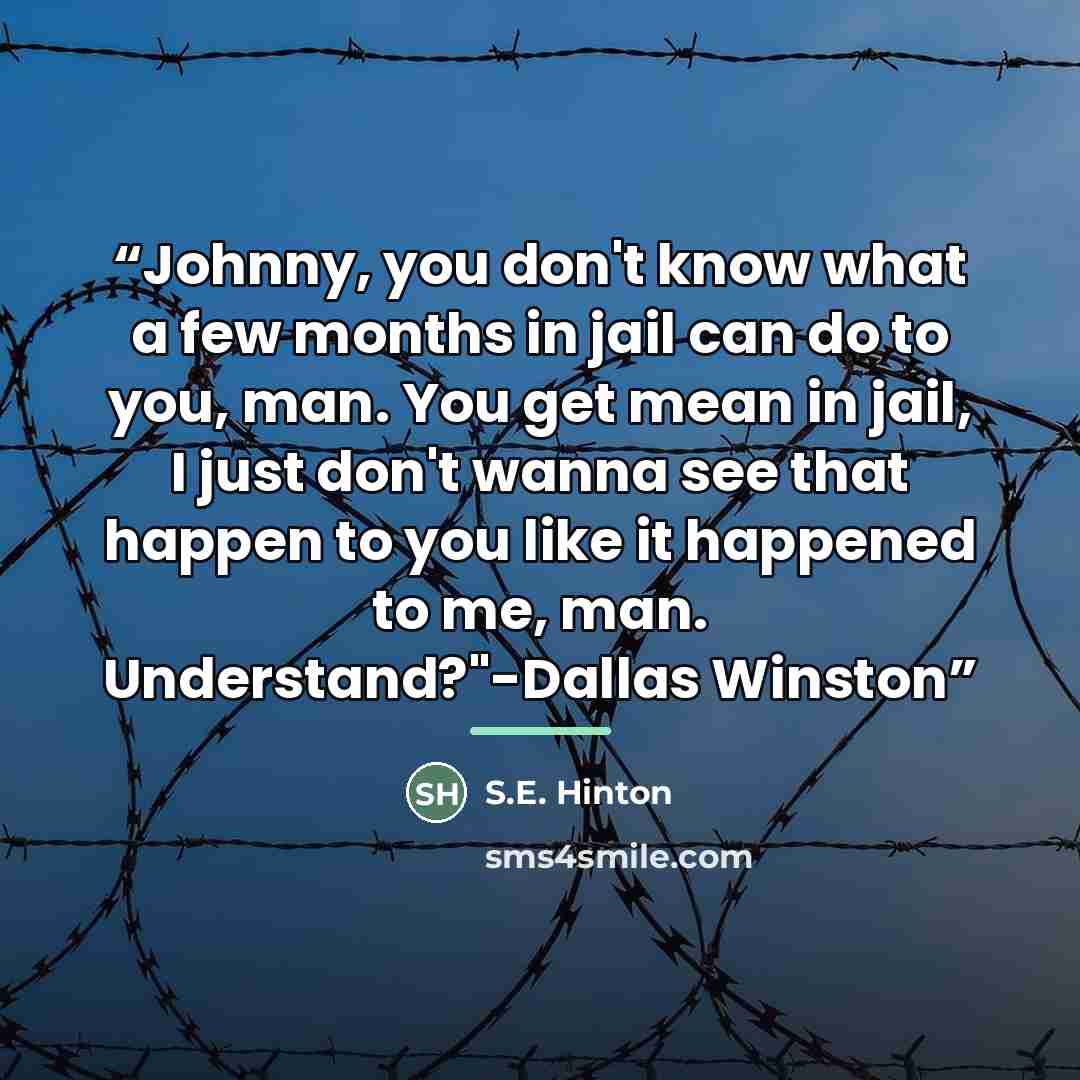 “Johnny, you don't know what a few months in jail can do to you, man. You get mean in jail, I just don't wanna see that happen to you like it happened to me, man. Understand?"-Dallas Winston” quote by S.E. Hinton