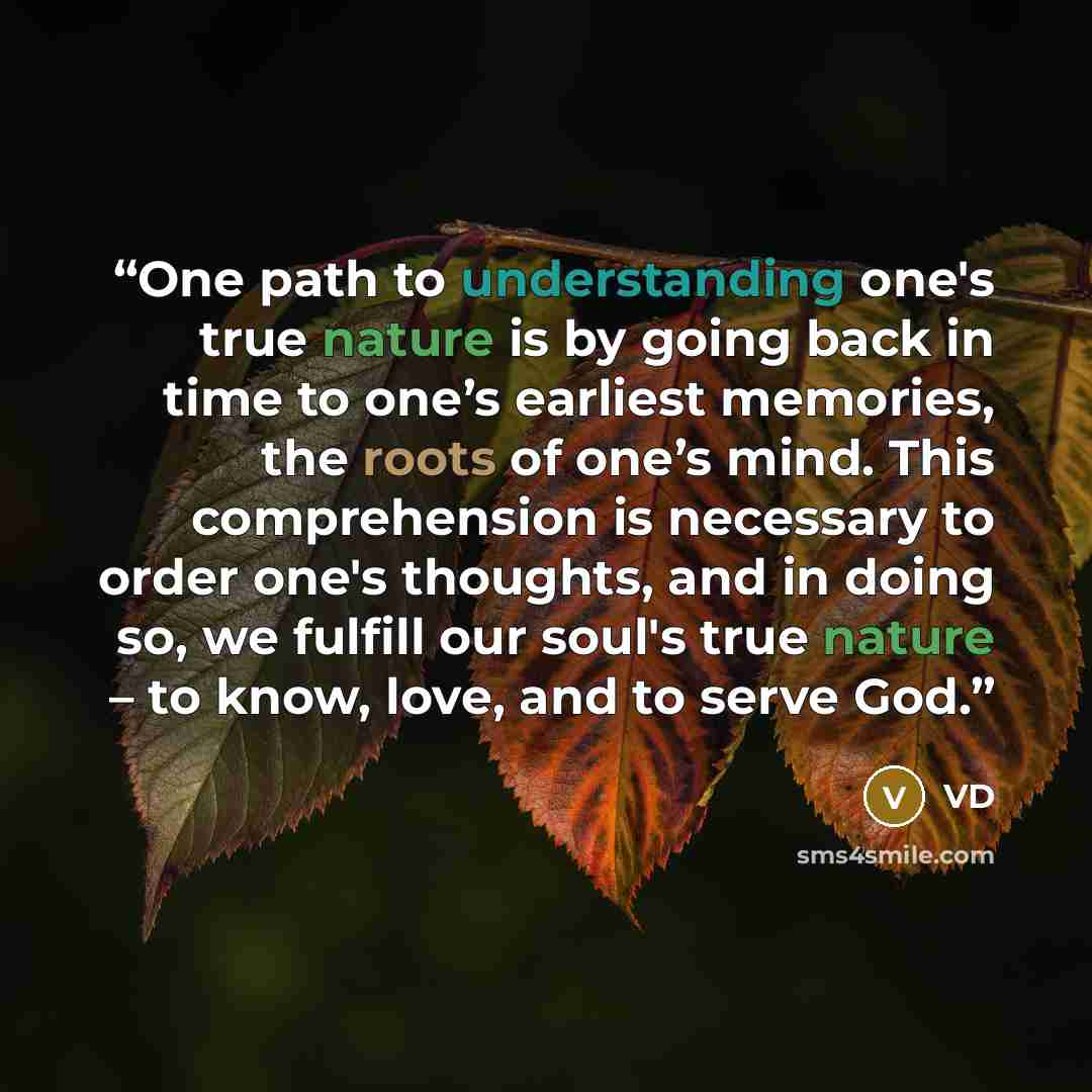 “One path to understanding one's true nature is by going back in time to one’s earliest memories, the roots of one’s mind. This comprehension is necessary to order one's thoughts, and in doing so, we fulfill our soul's true nature – to know, love, and to serve God.” quote by VD