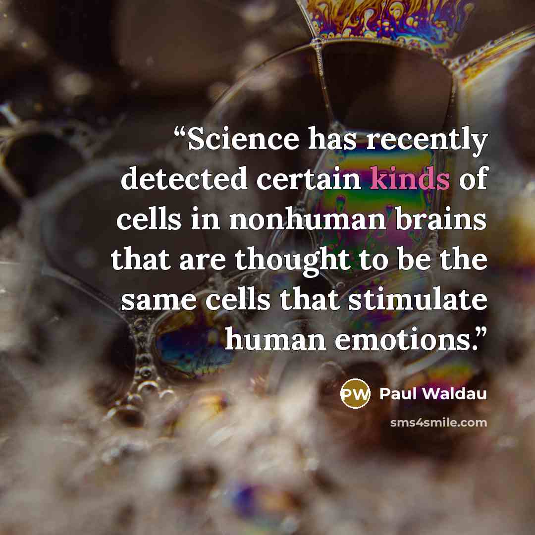 “Science has recently detected certain kinds of cells in nonhuman brains that are thought to be the same cells that stimulate human emotions.” quote by Paul Waldau