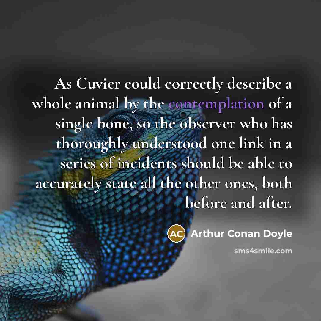 “As Cuvier could correctly describe a whole animal by the contemplation of a single bone, so the observer who has thoroughly understood one link in a series of incidents should be able to accurately state all the other ones, both before and after.” quote by Arthur Conan Doyle