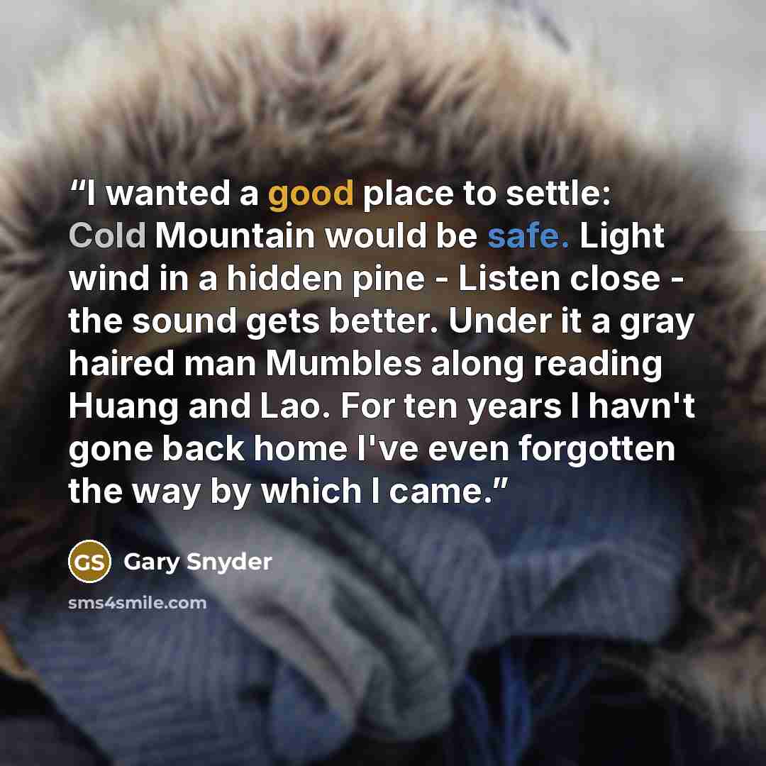 “I wanted a good place to settle: Cold Mountain would be safe. Light wind in a hidden pine - Listen close - the sound gets better. Under it a gray haired man Mumbles along reading Huang and Lao. For ten years I havn't gone back home I've even forgotten the way by which I came.” quote by Gary Snyder