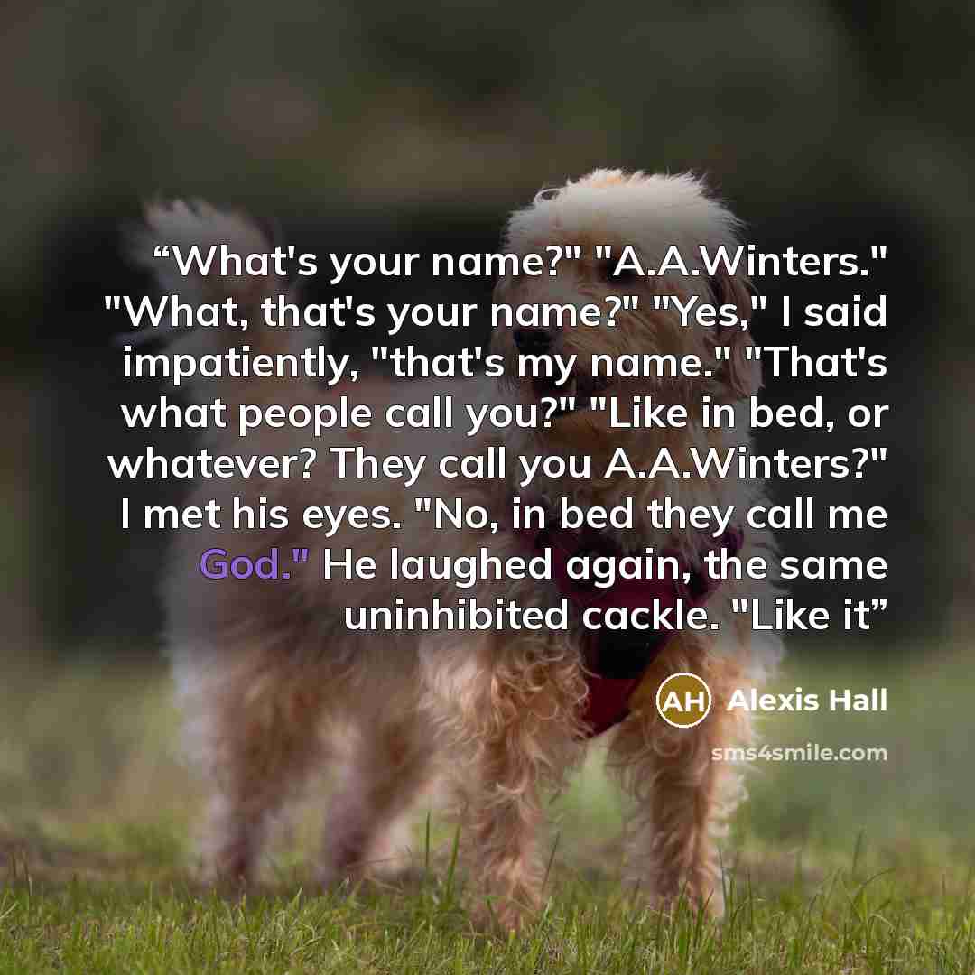 “What's your name?" "A.A.Winters." "What, that's your name?" "Yes," I said impatiently, "that's my name." "That's what people call you?" "Like in bed, or whatever? They call you A.A.Winters?" I met his eyes. "No, in bed they call me God." He laughed again, the same uninhibited cackle. "Like it” quote by Alexis Hall