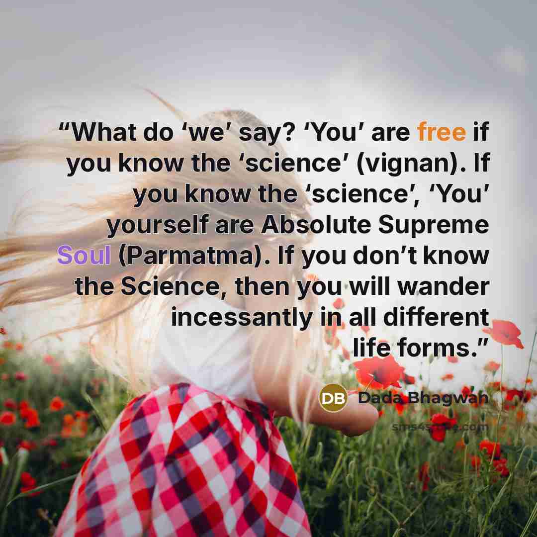 “What do ‘we’ say? ‘You’ are free if you know the ‘science’ (vignan). If you know the ‘science’, ‘You’ yourself are Absolute Supreme Soul (Parmatma). If you don’t know the Science, then you will wander incessantly in all different life forms.” quote by Dada Bhagwan