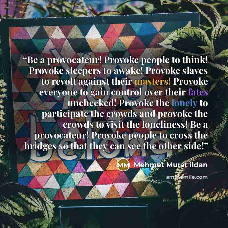 “Be a provocateur! Provoke people to think! Provoke sleepers to awake! Provoke slaves to revolt against their masters! Provoke everyone to gain control over their fates unchecked! Provoke the lonely to participate the crowds and provoke the crowds to visit the loneliness! Be a provocateur! Provoke…” quote by Mehmet Murat ildan