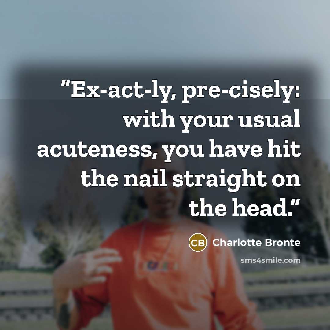 “Ex-act-ly, pre-cisely: with your usual acuteness, you have hit the nail straight on the head.” quote by Charlotte Brontë