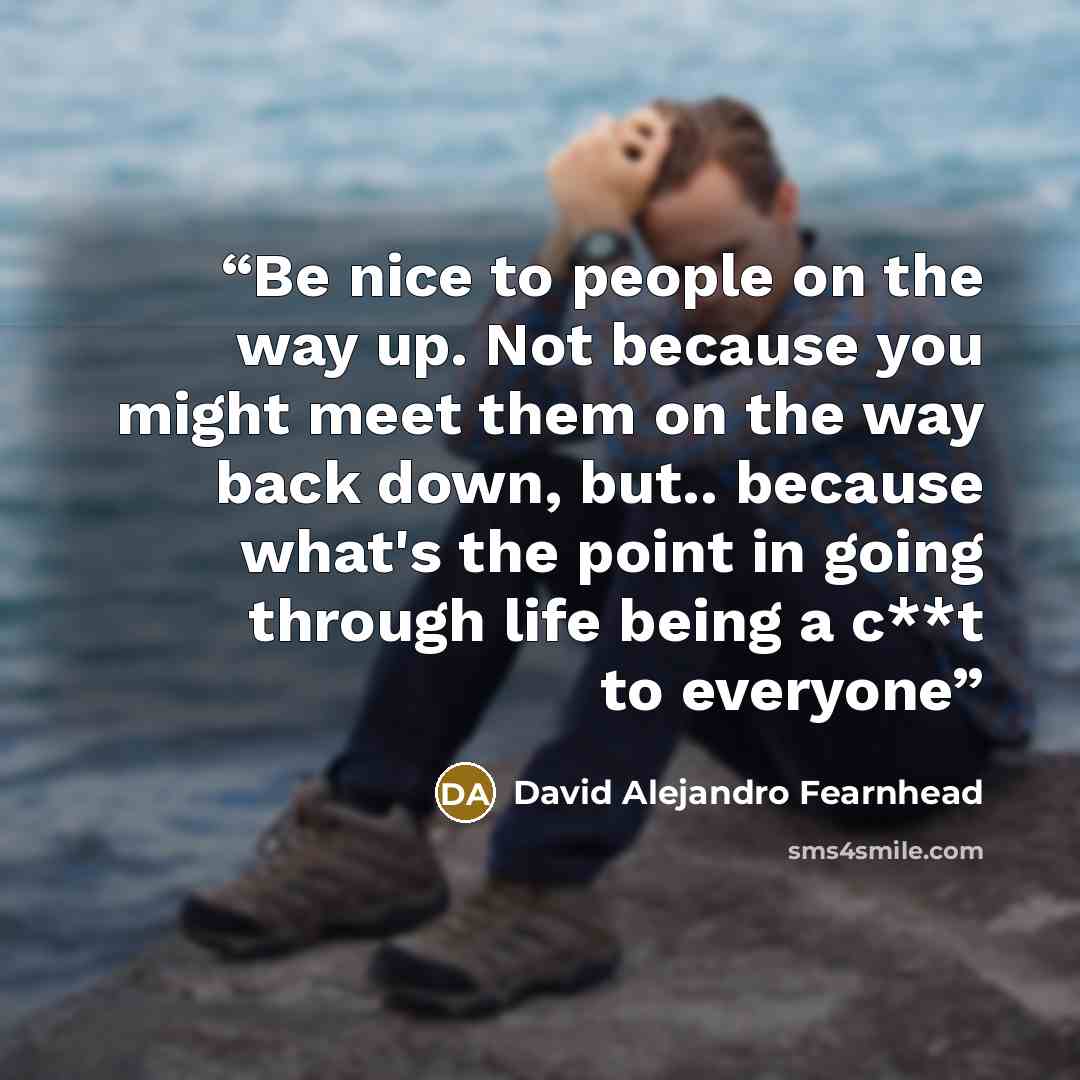 “Be nice to people on the way up. Not because you might meet them on the way back down, but.. because what's the point in going through life being a c**t to everyone” quote by David Alejandro Fearnhead