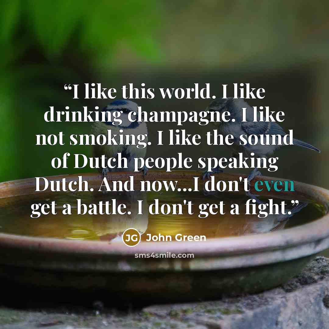 “I like this world. I like drinking champagne. I like not smoking. I like the sound of Dutch people speaking Dutch. And now...I don't even get a battle. I don't get a fight.” quote by John Green