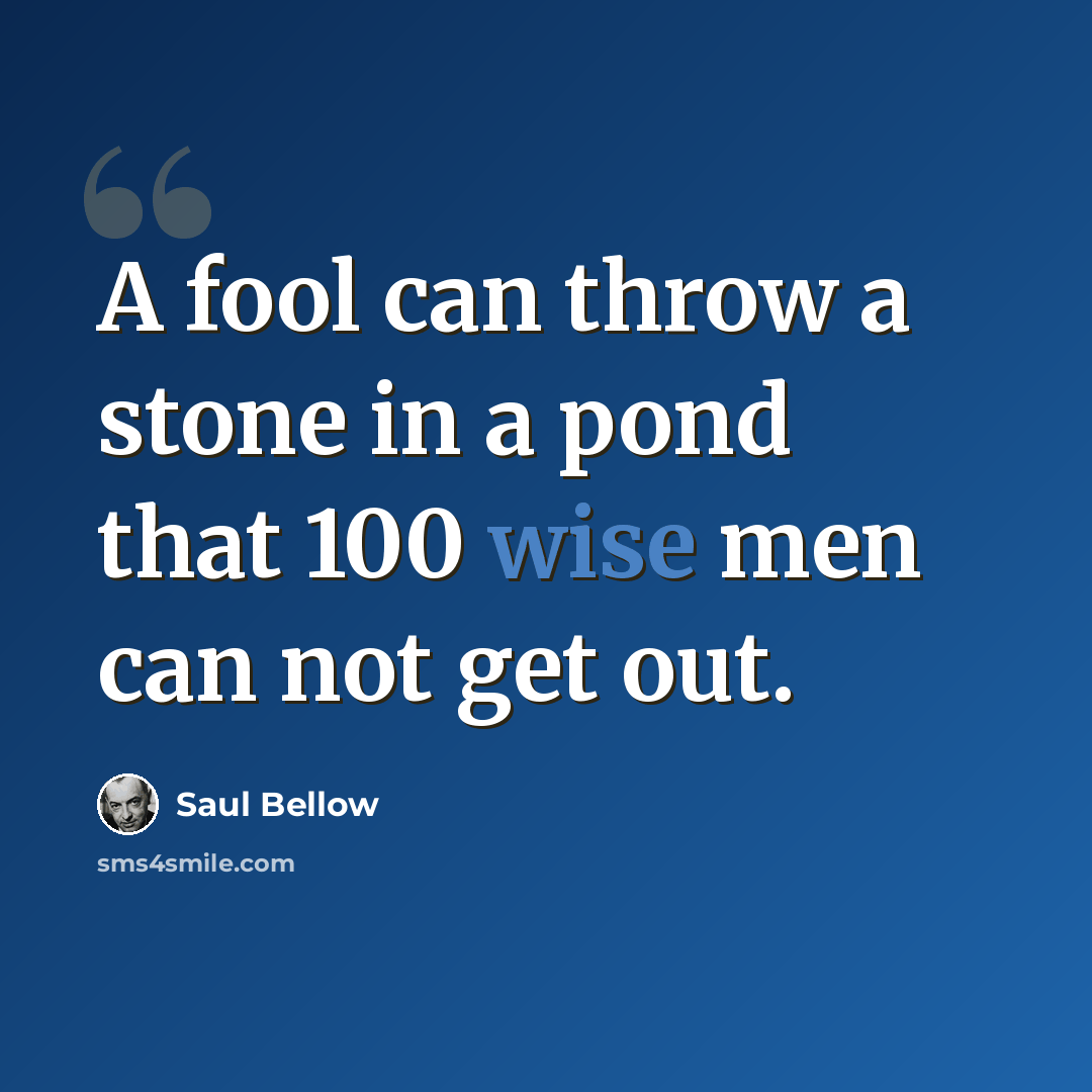 “A fool can throw a stone in a pond that 100 wise men can not get out.” quote by Saul Bellow