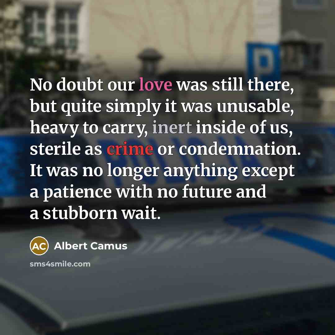 “No doubt our love was still there, but quite simply it was unusable, heavy to carry, inert inside of us, sterile as crime or condemnation. It was no longer anything except a patience with no future and a stubborn wait.” quote by Albert Camus