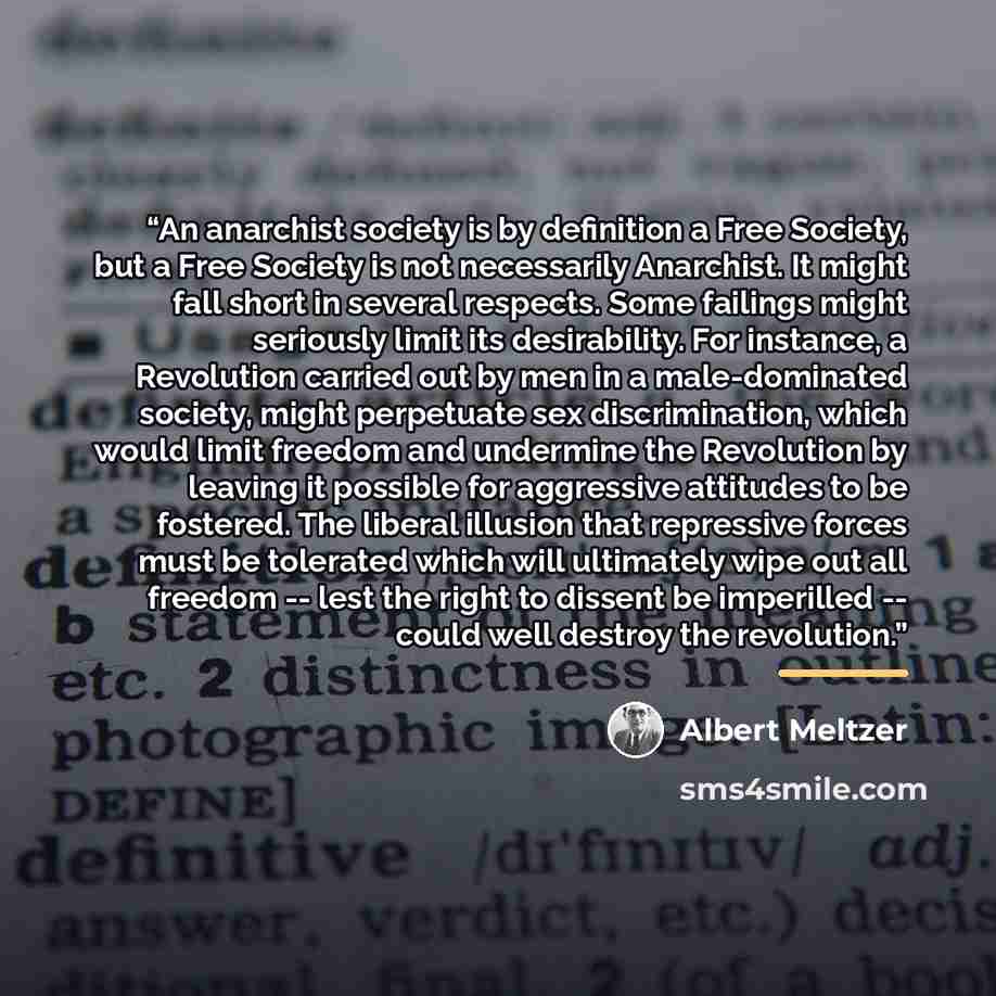 “An anarchist society is by definition a Free Society, but a Free Society is not necessarily Anarchist. It might fall short in several respects. Some failings might seriously limit its desirability. For instance, a Revolution carried out by men in a male-dominated society, might perpetuate sex…” quote by Albert Meltzer