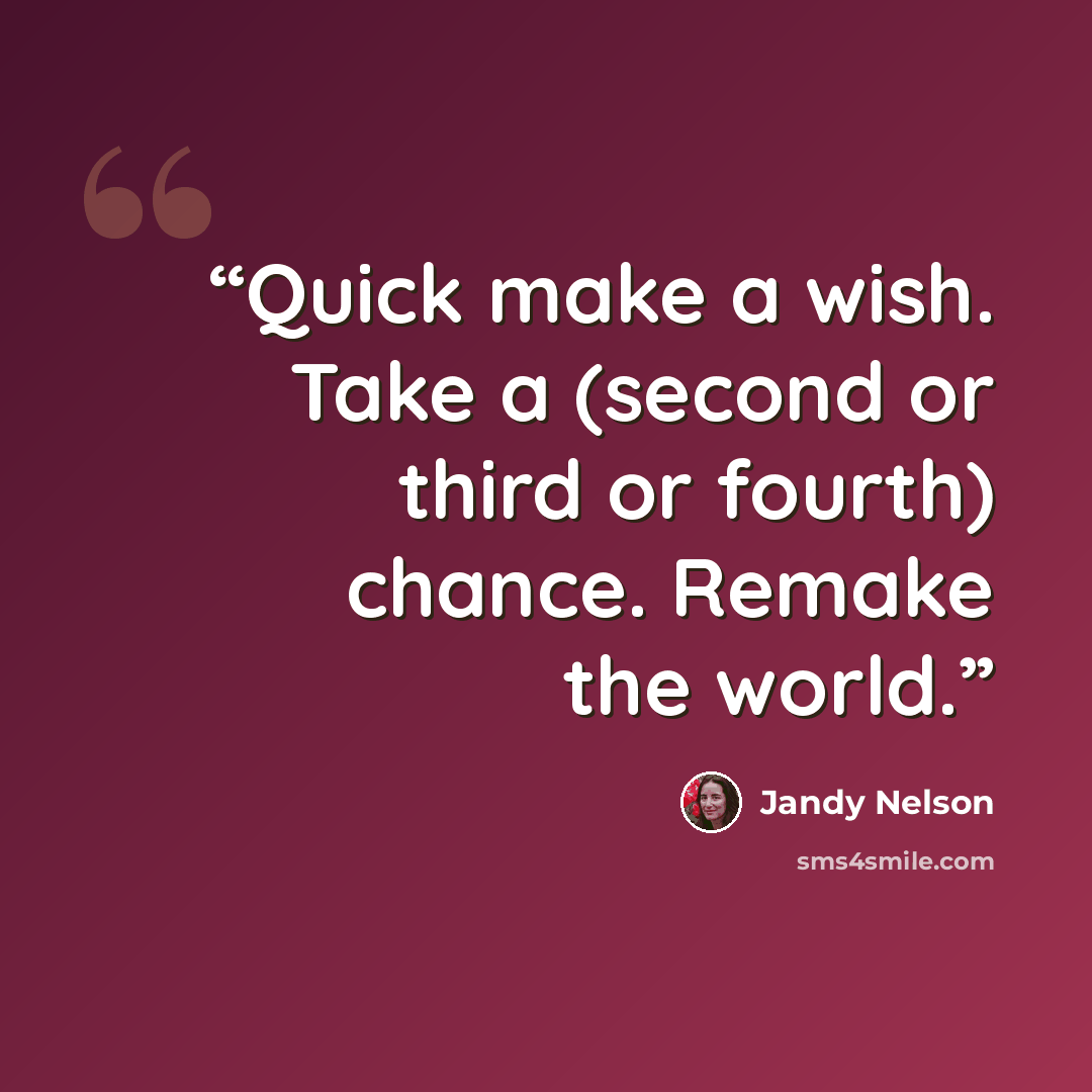 “Quick make a wish. Take a (second or third or fourth) chance. Remake the world.” quote by Jandy Nelson
