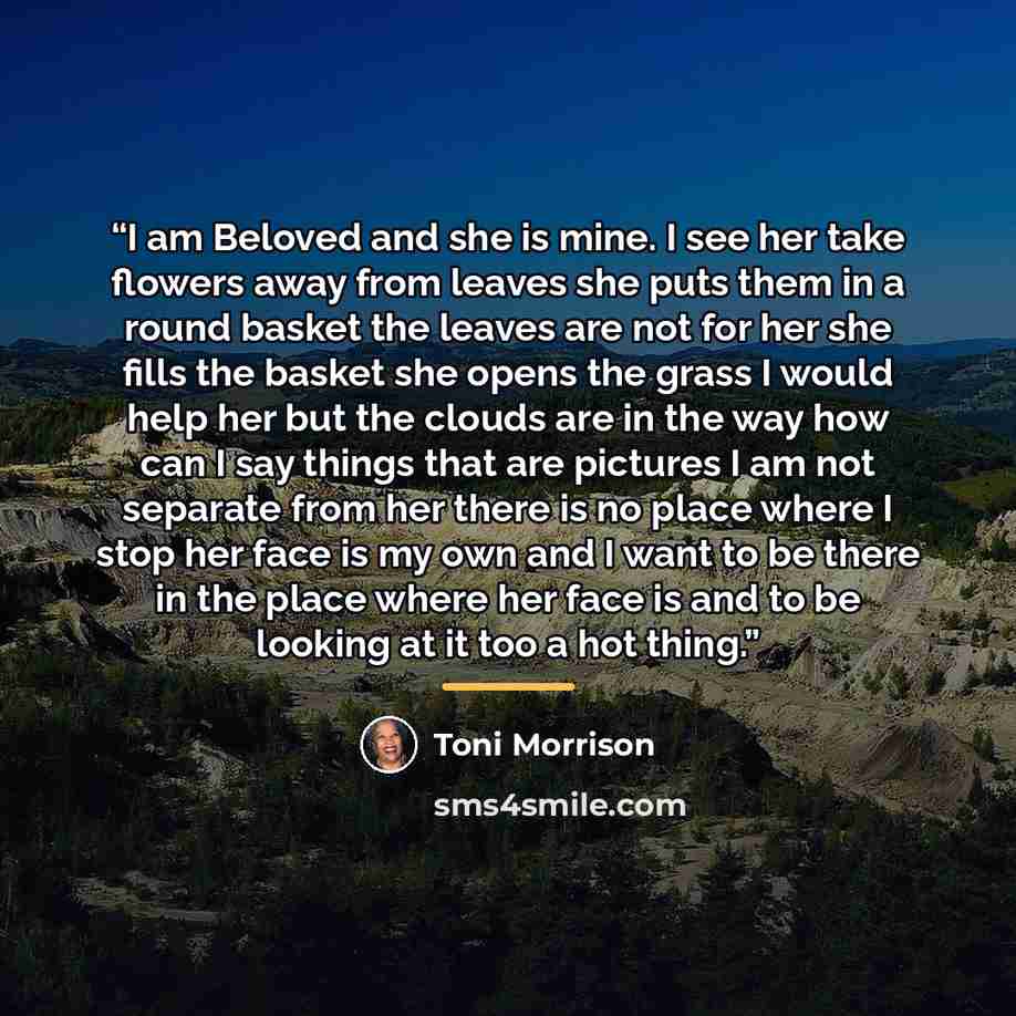 “I am Beloved and she is mine. I see her take flowers away from leaves she puts them in a round basket the leaves are not for her she fills the basket she opens the grass I would help her but the clouds are in the way how can I say things that are pictures I am not separate from her there is no…” quote by Toni Morrison