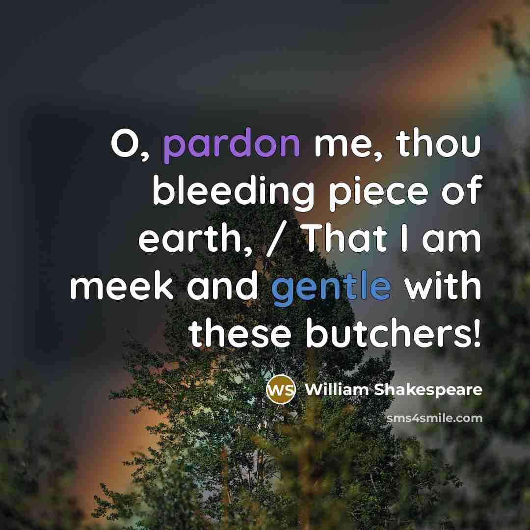 “O, pardon me, thou bleeding piece of earth, / That I am meek and gentle with these butchers!” quote by William Shakespeare