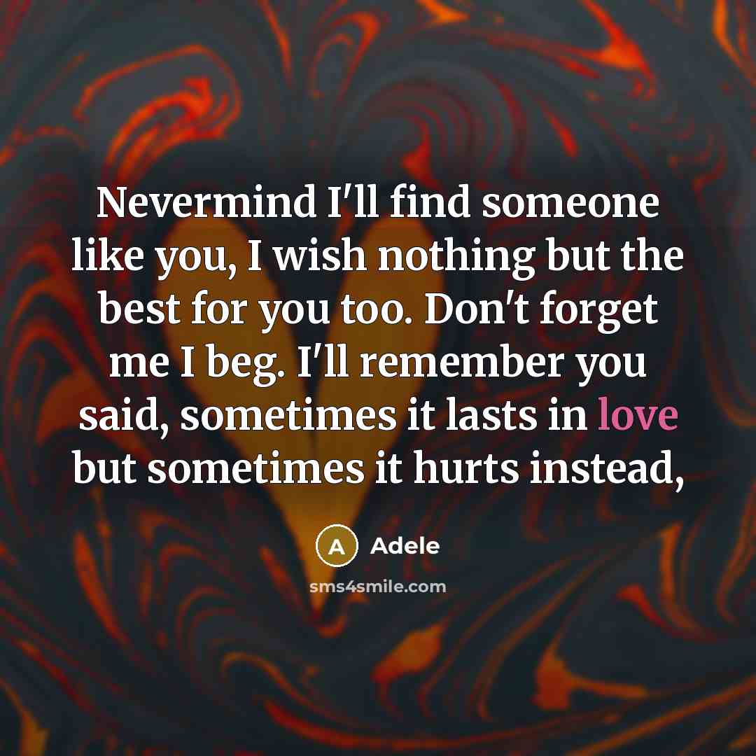 “Nevermind I'll find someone like you, I wish nothing but the best for you too. Don't forget me I beg. I'll remember you said, sometimes it lasts in love but sometimes it hurts instead,” quote by Adele