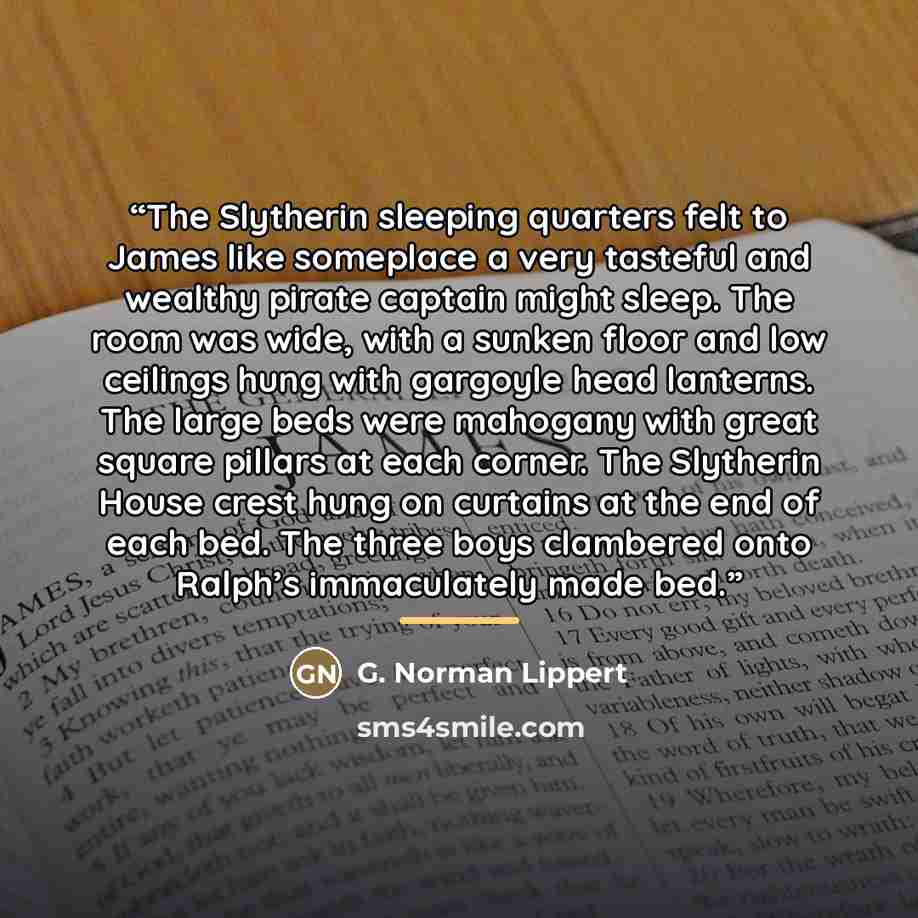 “The Slytherin sleeping quarters felt to James like someplace a very tasteful and wealthy pirate captain might sleep. The room was wide, with a sunken floor and low ceilings hung with gargoyle head lanterns. The large beds were mahogany with great square pillars at each corner. The Slytherin House…” quote by G. Norman Lippert