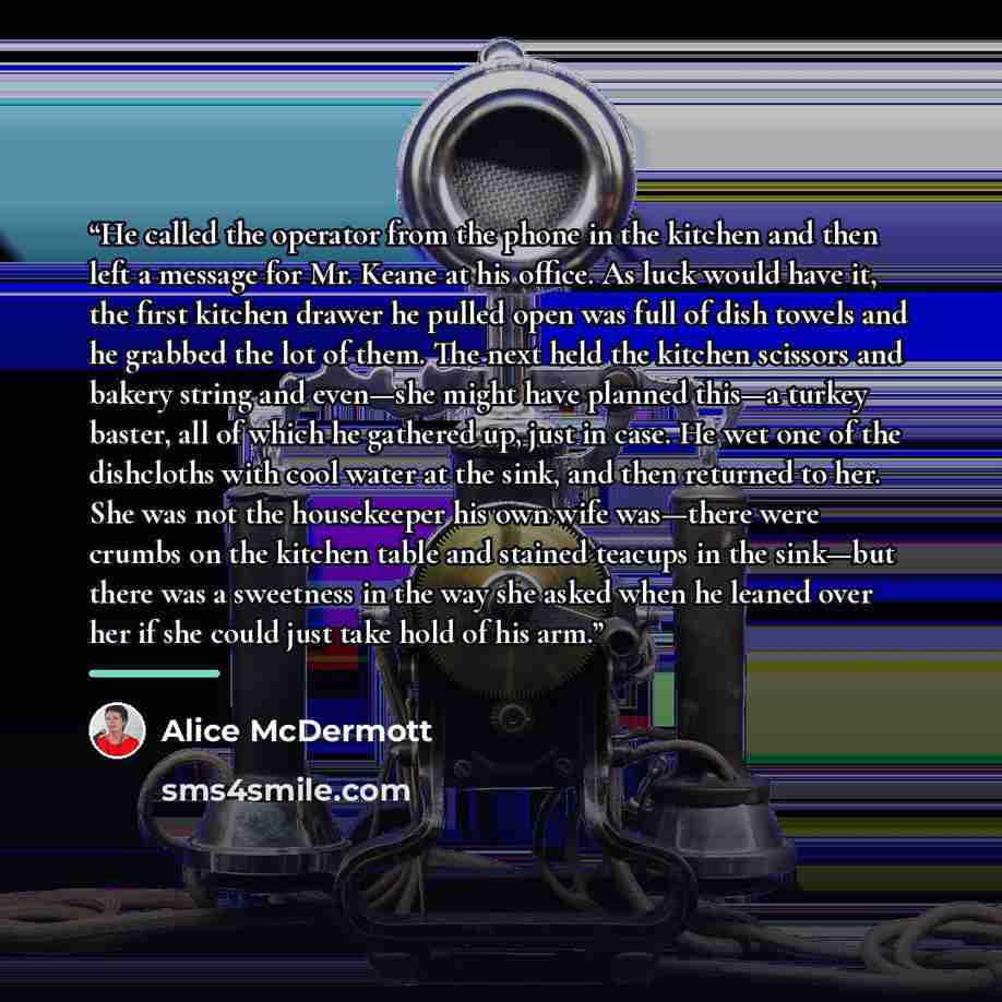 “He called the operator from the phone in the kitchen and then left a message for Mr. Keane at his office. As luck would have it, the first kitchen drawer he pulled open was full of dish towels and he grabbed the lot of them. The next held the kitchen scissors and bakery string and even—she might…” quote by Alice McDermott