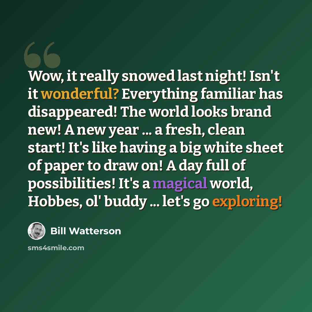 “Wow, it really snowed last night! Isn't it wonderful? Everything familiar has disappeared! The world looks brand new! A new year ... a fresh, clean start! It's like having a big white sheet of paper to draw on! A day full of possibilities! It's a magical world, Hobbes, ol' buddy ... let's go…” quote by Bill Watterson