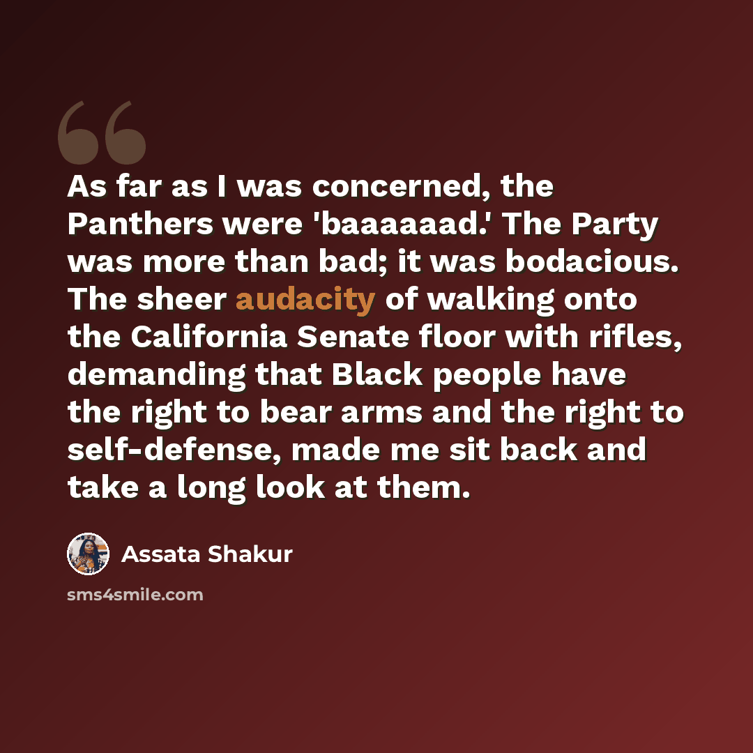 “As far as I was concerned, the Panthers were 'baaaaaad.' The Party was more than bad; it was bodacious. The sheer audacity of walking onto the California Senate floor with rifles, demanding that Black people have the right to bear arms and the right to self-defense, made me sit back and take a…” quote by Assata Shakur