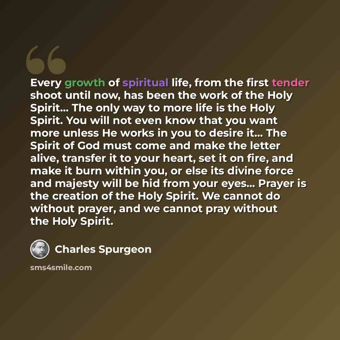 “Every growth of spiritual life, from the first tender shoot until now, has been the work of the Holy Spirit… The only way to more life is the Holy Spirit. You will not even know that you want more unless He works in you to desire it… The Spirit of God must come and make the letter alive, transfer…” quote by Charles Spurgeon