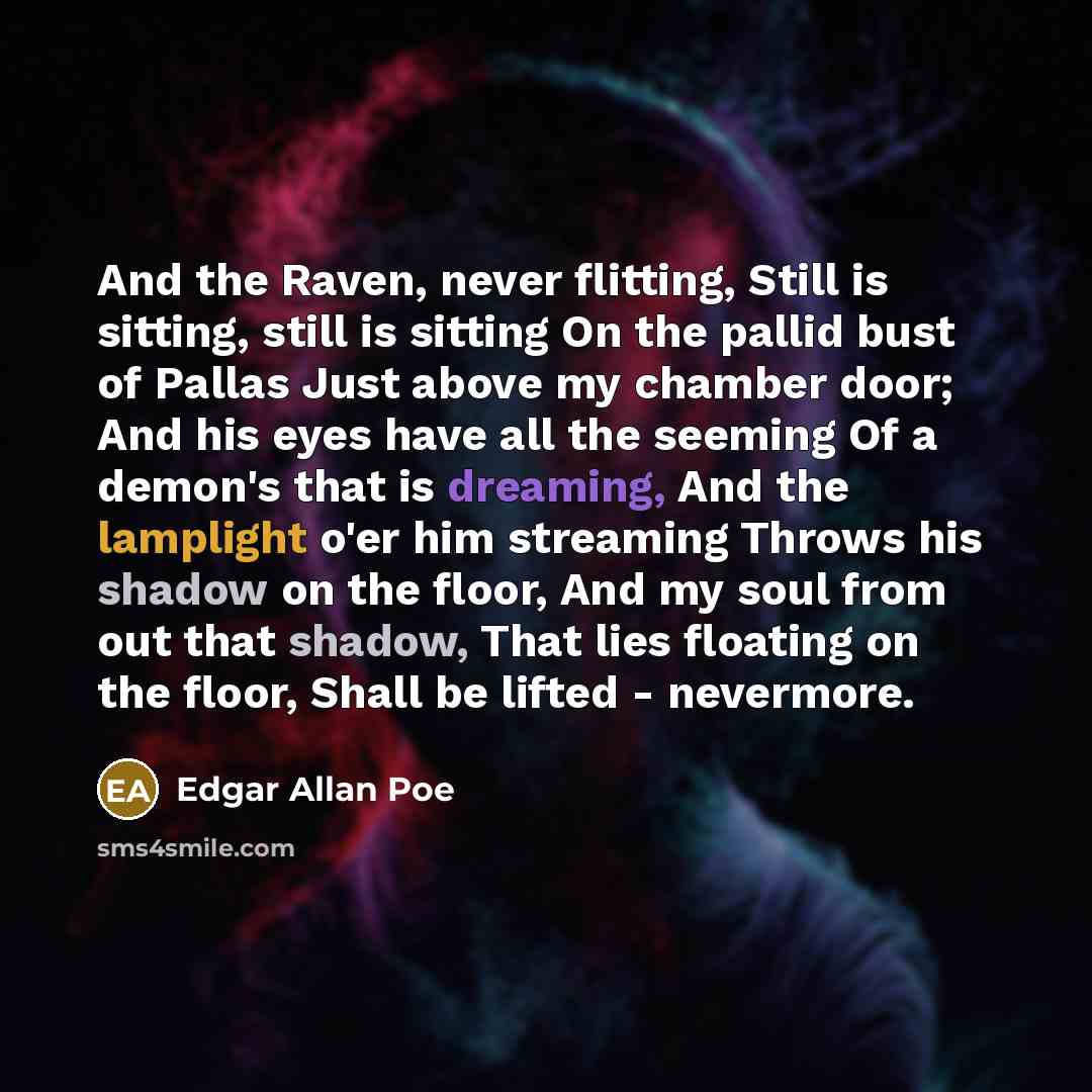 “And the Raven, never flitting, Still is sitting, still is sitting On the pallid bust of Pallas Just above my chamber door; And his eyes have all the seeming Of a demon's that is dreaming, And the lamplight o'er him streaming Throws his shadow on the floor, And my soul from out that shadow, That…” quote by Edgar Allan Poe