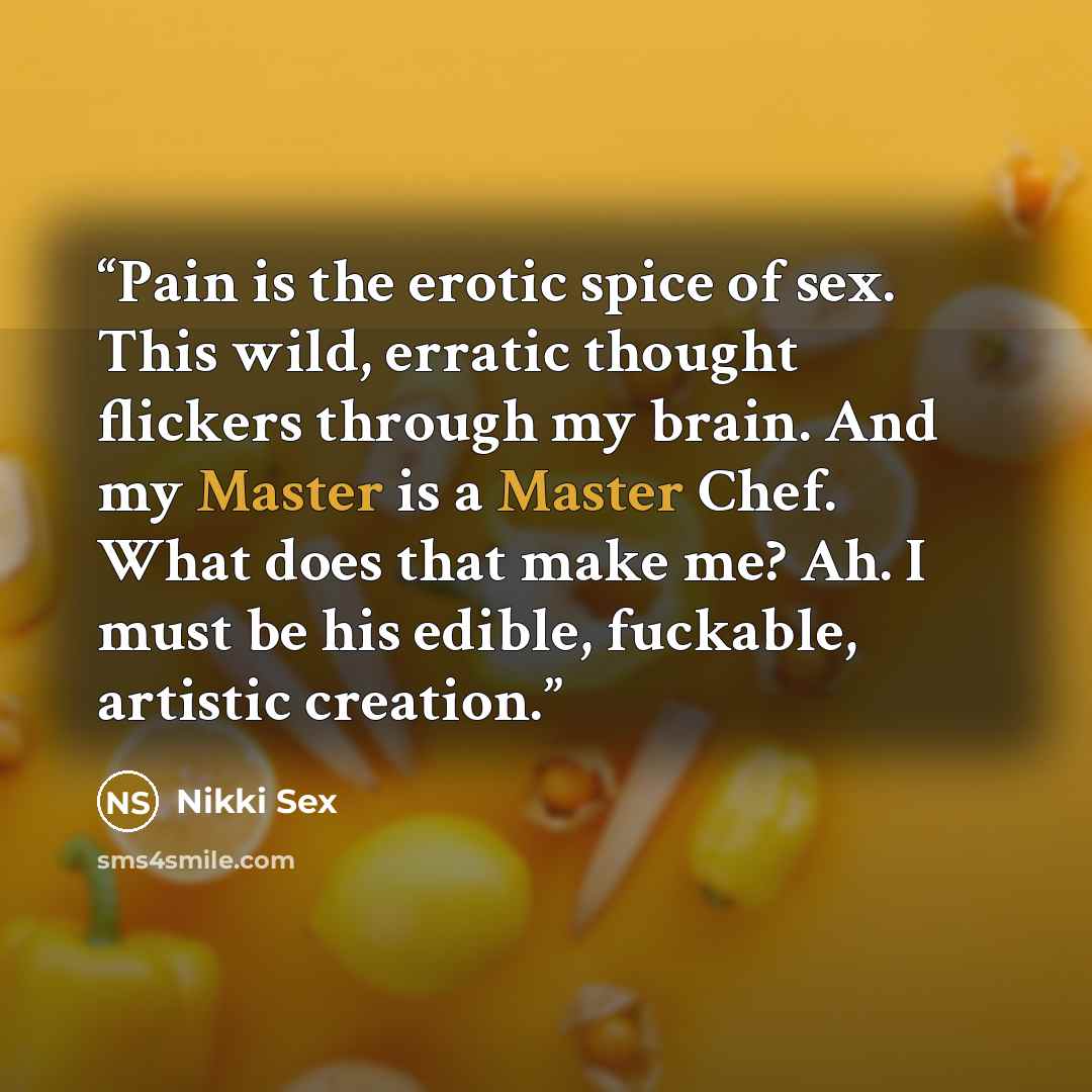 “Pain is the erotic spice of sex. This wild, erratic thought flickers through my brain. And my Master is a Master Chef. What does that make me? Ah. I must be his edible, fuckable, artistic creation.” quote by Nikki Sex