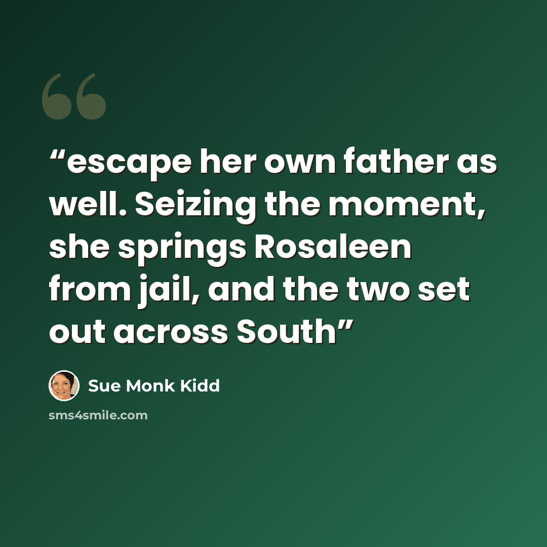 “escape her own father as well. Seizing the moment, she springs Rosaleen from jail, and the two set out across South” quote by Sue Monk Kidd