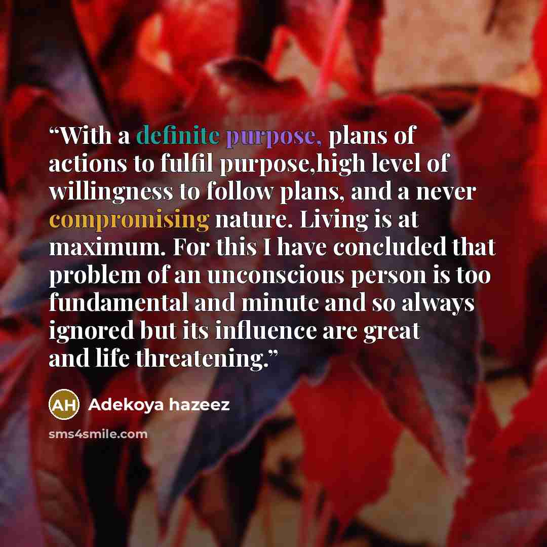 “With a definite purpose, plans of actions to fulfil purpose,high level of willingness to follow plans, and a never compromising nature. Living is at maximum. For this I have concluded that problem of an unconscious person is too fundamental and minute and so always ignored but its influence are…” quote by Adekoya hazeez
