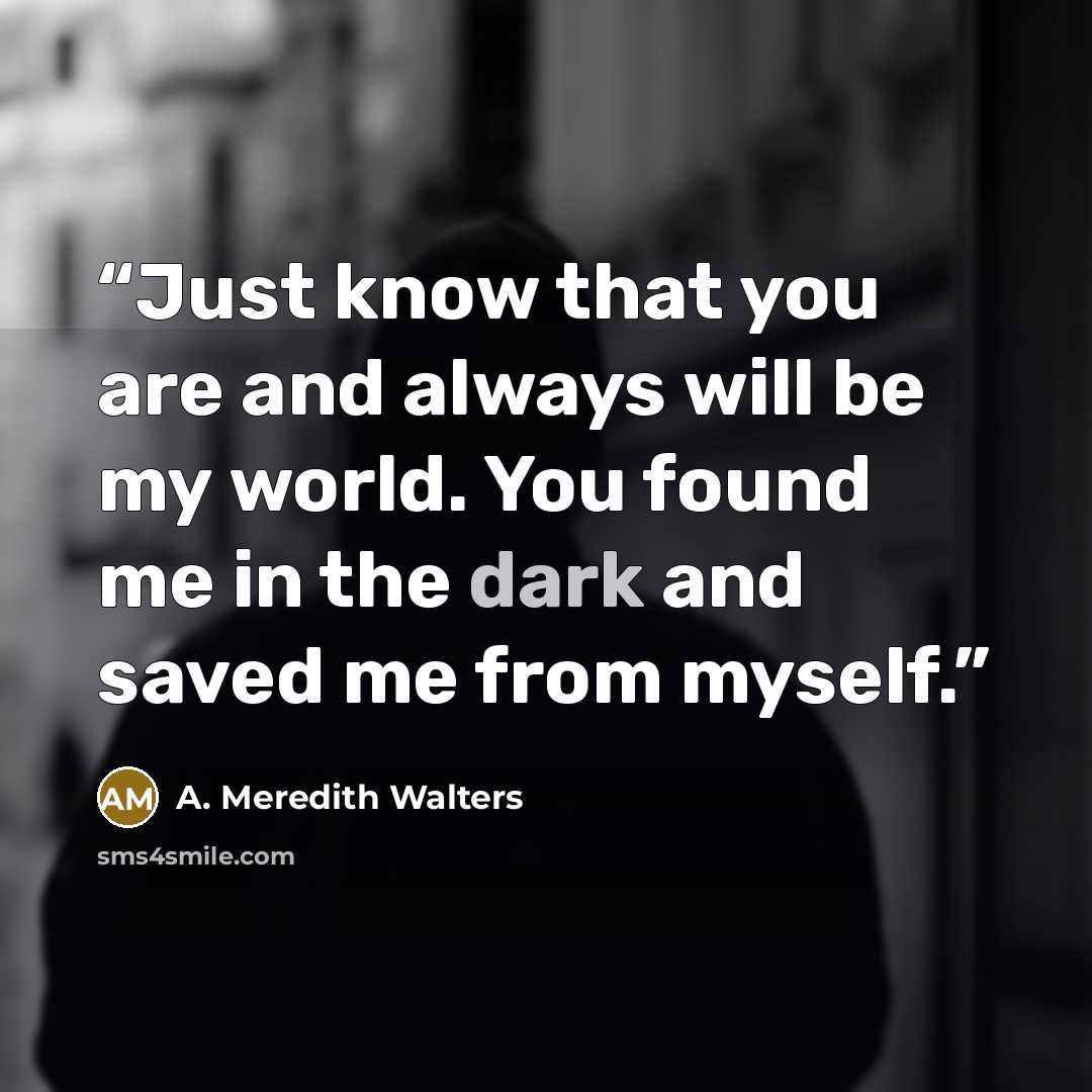 “Just know that you are and always will be my world. You found me in the dark and saved me from myself.” quote by A. Meredith Walters