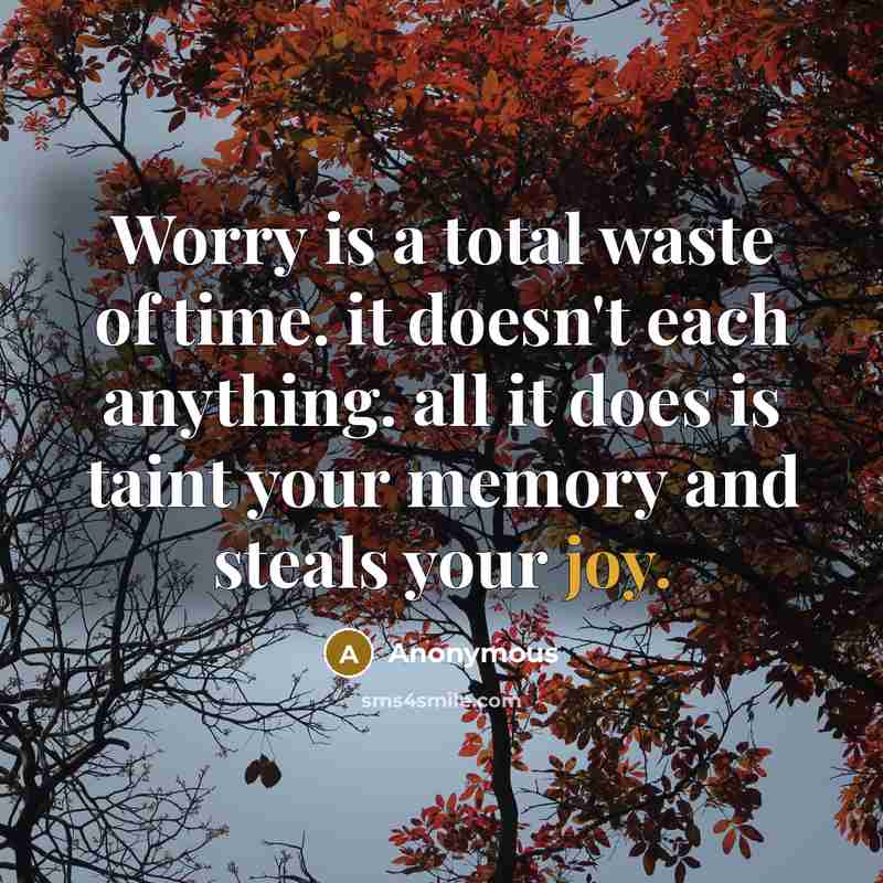 “Worry is a total waste of time. it doesn't each anything. all it does is taint your memory and steals your joy.” quote by Anonymous