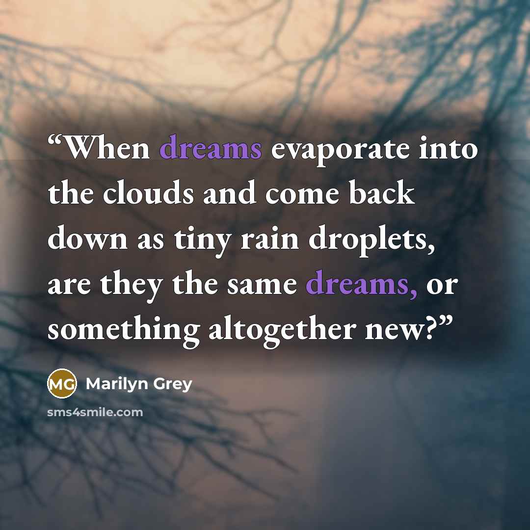 “When dreams evaporate into the clouds and come back down as tiny rain droplets, are they the same dreams, or something altogether new?” quote by Marilyn Grey