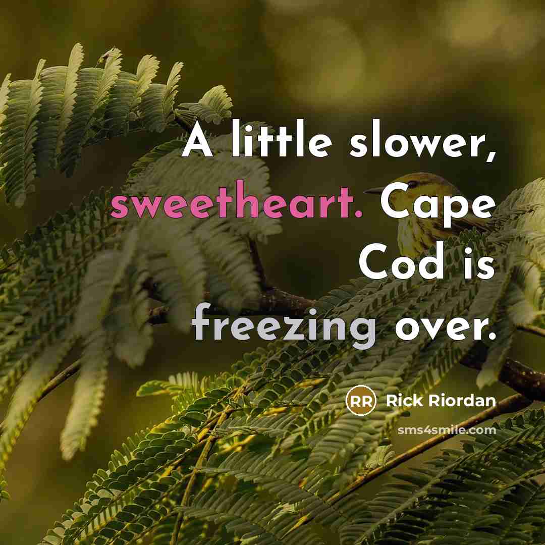 “A little slower, sweetheart. Cape Cod is freezing over.” quote by Rick Riordan