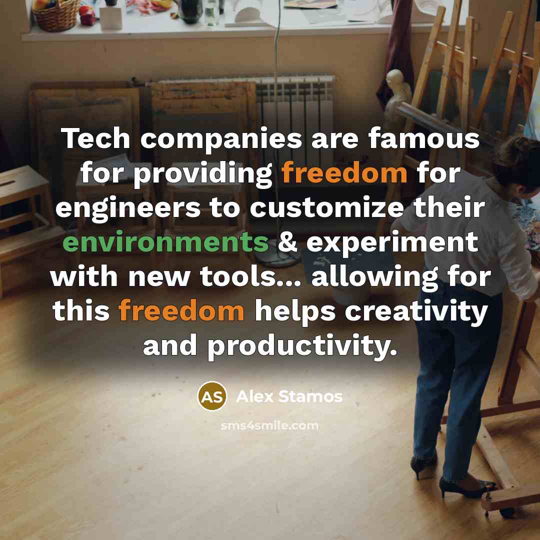 “Tech companies are famous for providing freedom for engineers to customize their environments & experiment with new tools... allowing for this freedom helps creativity and productivity.” quote by Alex Stamos