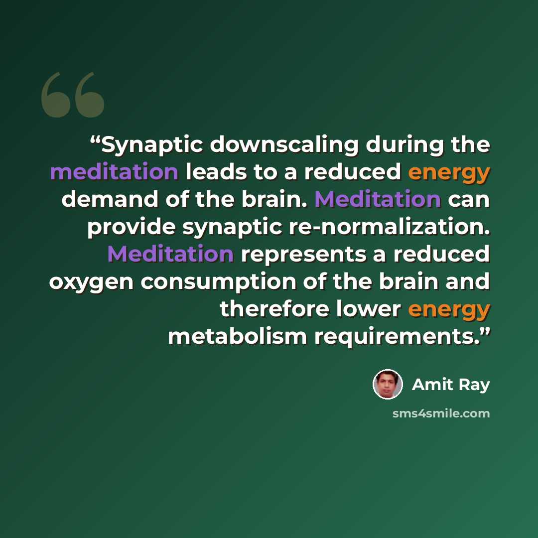 “Synaptic downscaling during the meditation leads to a reduced energy demand of the brain. Meditation can provide synaptic re-normalization. Meditation represents a reduced oxygen consumption of the brain and therefore lower energy metabolism requirements.” quote by Amit Ray