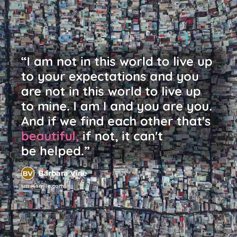 “I am not in this world to live up to your expectations and you are not in this world to live up to mine. I am I and you are you. And if we find each other that's beautiful, if not, it can't be helped.” quote by Barbara Vine