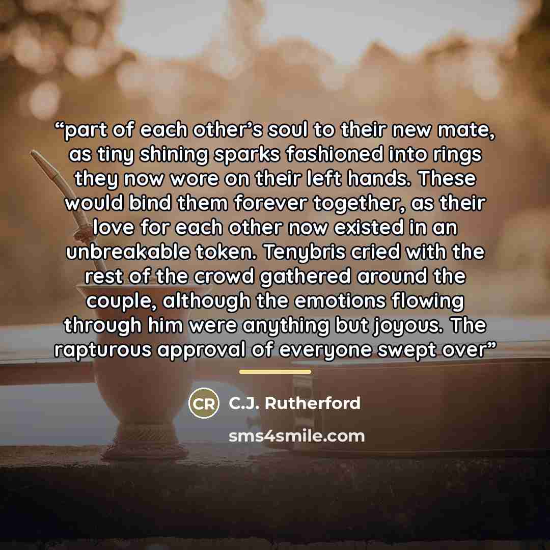 “part of each other’s soul to their new mate, as tiny shining sparks fashioned into rings they now wore on their left hands. These would bind them forever together, as their love for each other now existed in an unbreakable token. Tenybris cried with the rest of the crowd gathered around the…” quote by C.J. Rutherford