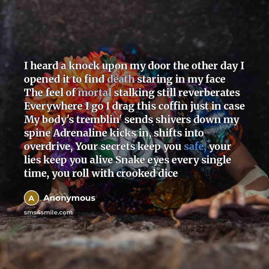 “I heard a knock upon my door the other day I opened it to find death staring in my face The feel of mortal stalking still reverberates Everywhere I go I drag this coffin just in case My body's tremblin' sends shivers down my spine Adrenaline kicks in, shifts into overdrive, Your secrets keep you…” quote by Anonymous