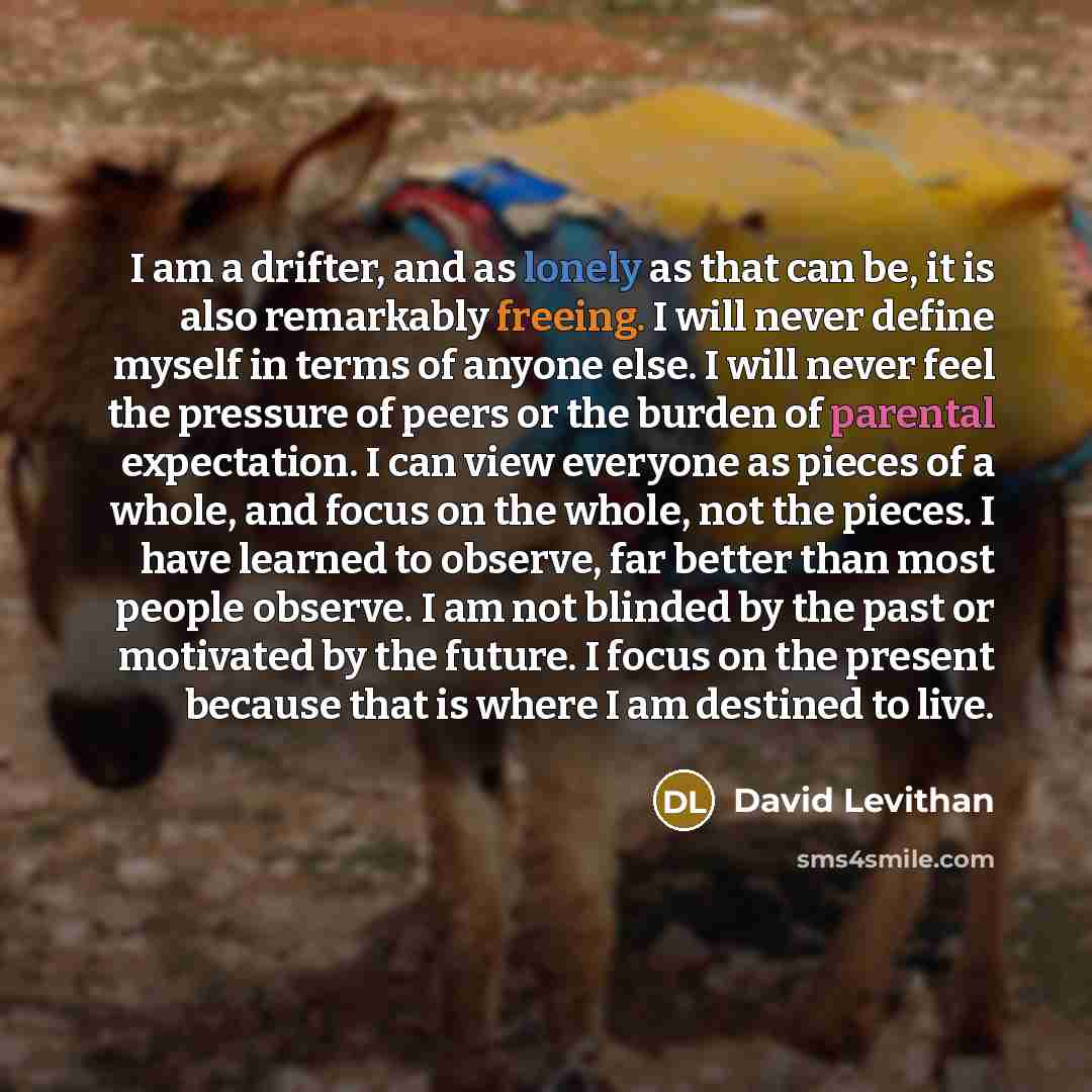 “I am a drifter, and as lonely as that can be, it is also remarkably freeing. I will never define myself in terms of anyone else. I will never feel the pressure of peers or the burden of parental expectation. I can view everyone as pieces of a whole, and focus on the whole, not the pieces. I have…” quote by David Levithan
