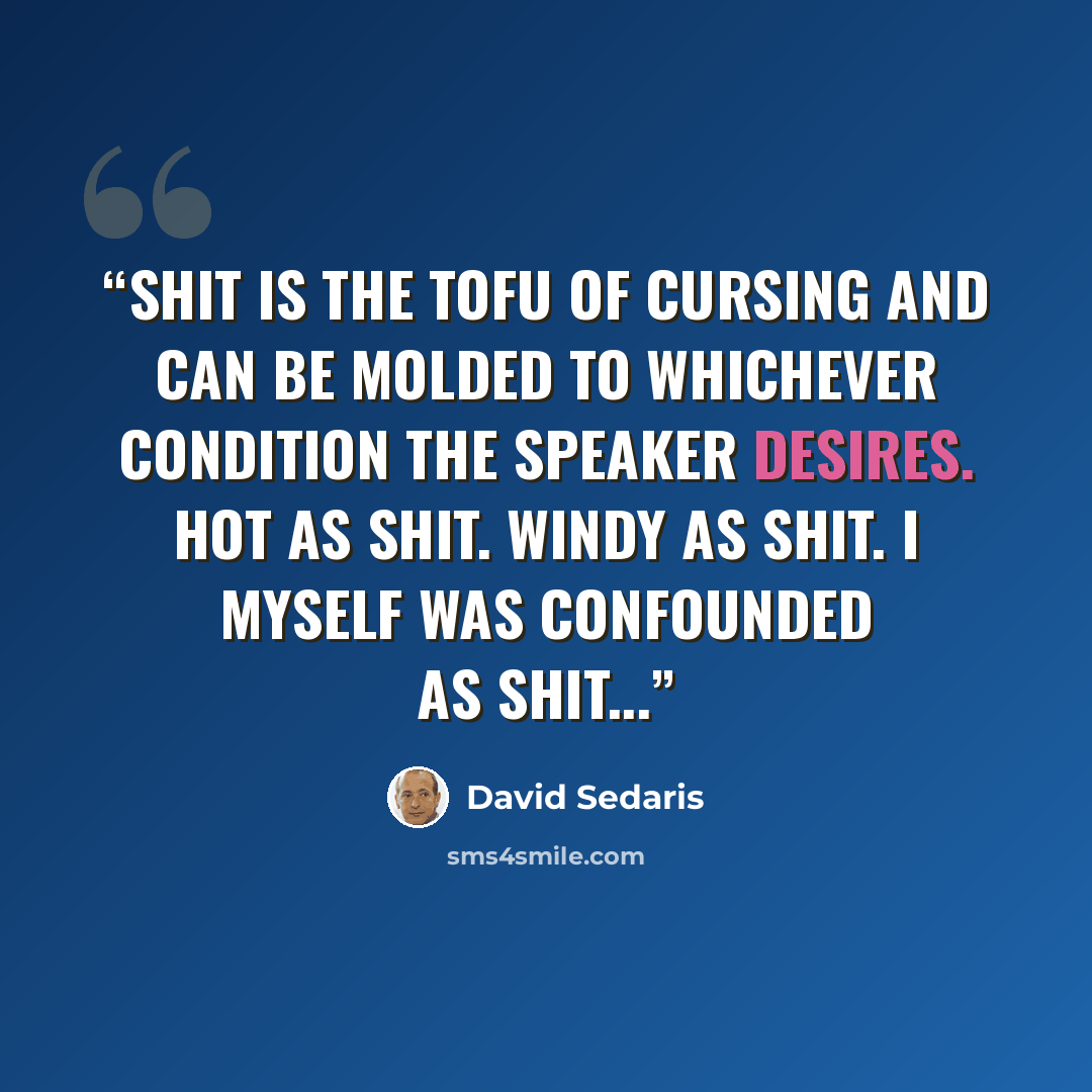 “Shit is the tofu of cursing and can be molded to whichever condition the speaker desires. Hot as shit. Windy as shit. I myself was confounded as shit...” quote by David Sedaris