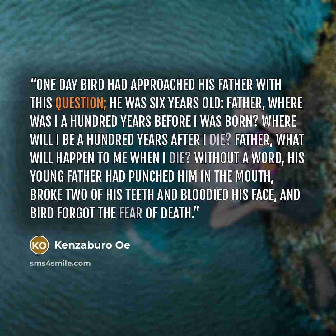 “One day Bird had approached his father with this question; he was six years old: Father, where was I a hundred years before I was born? Where will I be a hundred years after I die? Father, what will happen to me when I die? Without a word, his young father had punched him in the mouth, broke two…” quote by Kenzaburō Ōe