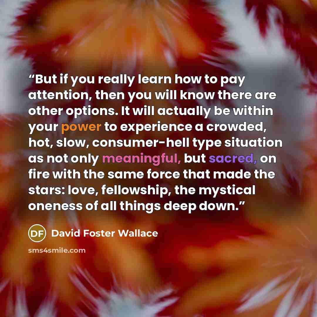 “But if you really learn how to pay attention, then you will know there are other options. It will actually be within your power to experience a crowded, hot, slow, consumer-hell type situation as not only meaningful, but sacred, on fire with the same force that made the stars: love, fellowship…” quote by David Foster Wallace