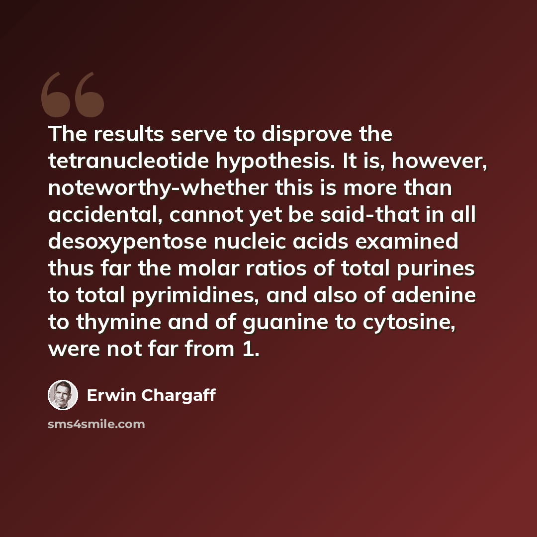 “The results serve to disprove the tetranucleotide hypothesis. It is, however, noteworthy-whether this is more than accidental, cannot yet be said-that in all desoxypentose nucleic acids examined thus far the molar ratios of total purines to total pyrimidines, and also of adenine to thymine and of…” quote by Erwin Chargaff